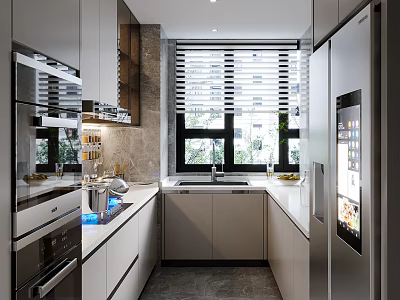 Modern Kitchen Interior Design With White Cabinets Stainless Steel Appliances And Window Blinds 3d model