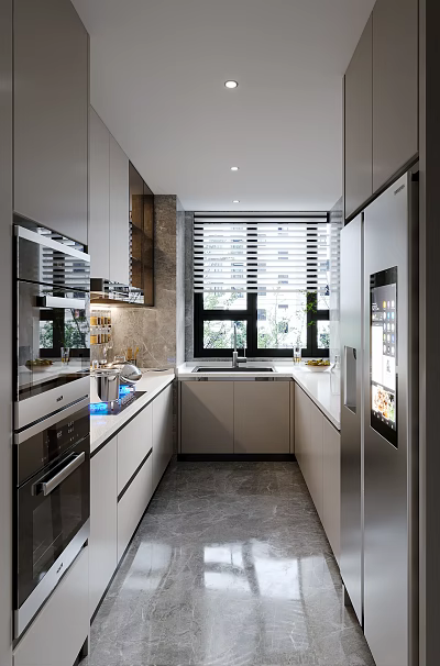Modern Kitchen Interior Design With White Cabinets Stainless Steel Appliances And Window Blinds 3d model