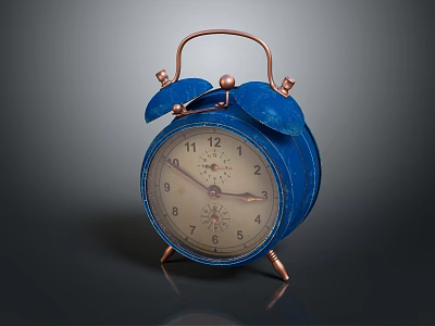 Blue Retro Alarm Clock With Copper Bells Handle Legs And Classic Clock Face Design 3d model