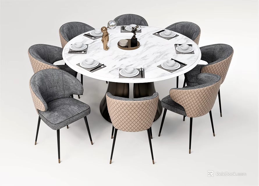 Elegant Round Dining Table Set With Marble Top And Eight Gray Beige Upholstered Chairs 3d model