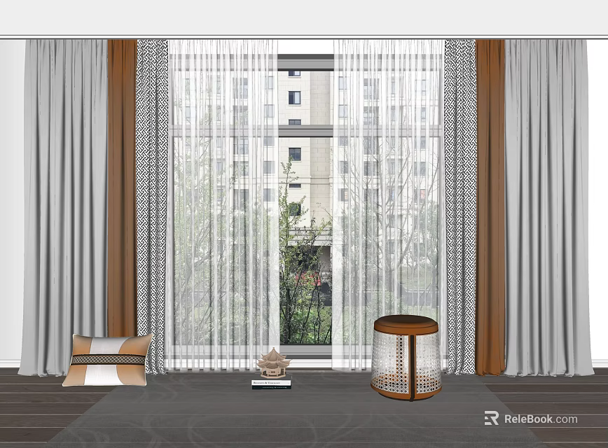 Gray And White Layered Curtains With Sheer Panels For Modern Window Interior View 3d model 
