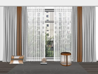 Gray And White Layered Curtains With Sheer Panels For Modern Window Interior View 3d model