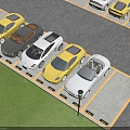 Organized Parking Lot With Luxury Sports Cars In Marked Spaces And Green Lawn Area