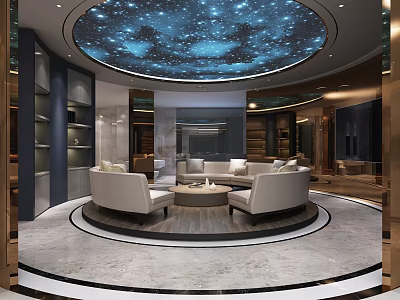 Modern Hotel Public Lounge Area With Starry Ceiling Circular Design And Comfortable Sofas 3d model