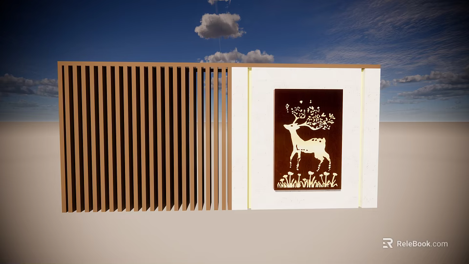 Modern Feature Wall With Wooden Slats And White Panel Decorated With Deer Tree Pattern 3d model