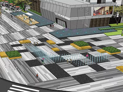 Modern Garden Landscape Design With Open Square Geometric Pavement Fountains And Green Plants 3d model