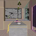 Modern Kitchen with Marble Island Wooden Cabinets Pendant Lights Green Plants and Blinds Near Window