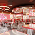 Modern Elegant Restaurant Interior With Red Decor Circular Bar Counter Transparent Chairs And Menu Posters 3d model