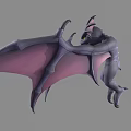 3D Model of Flying Creature with Purple Pink Wings Gray Body Horns and Yellow Eyes