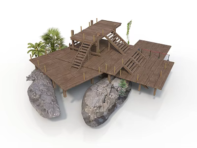 Outdoor Wooden Deck Structure With Stairs Rocks And Palm Plants 3d model