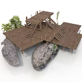 Outdoor Wooden Deck Structure With Stairs Rocks And Palm Plants