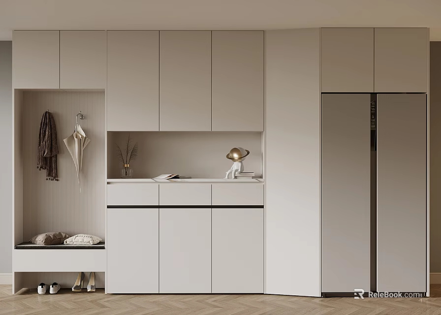 Modern Entryway Shoe Cabinet With Hanging Hooks Bench And Minimalist Storage Design 3d model 