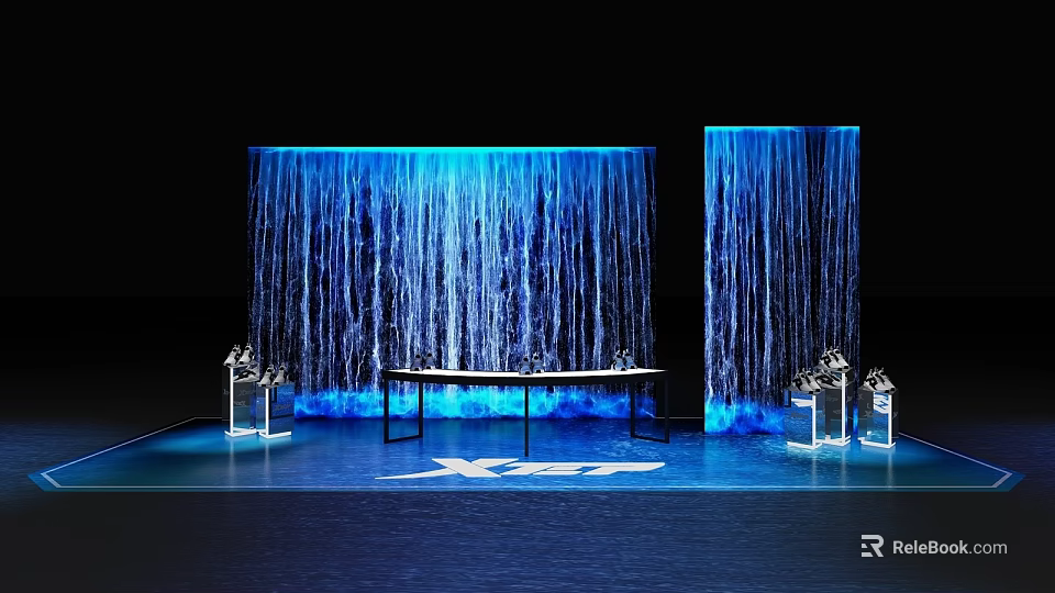 Modern Exhibition Scene With Blue Water Curtain Walls And Transparent Display Stands 3d model 