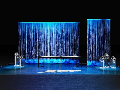 Modern Exhibition Scene With Blue Water Curtain Walls And Transparent Display Stands 3d model
