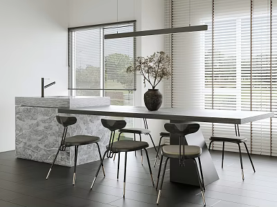 Modern Restaurant Interior With Marble Counter Long Table Vase Black Chairs And Large Window Blinds 3d model