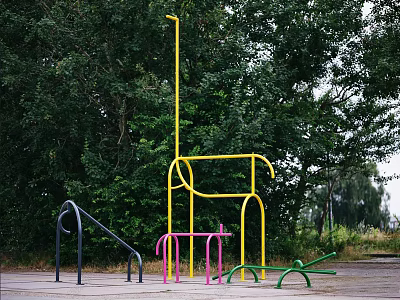 Colorful Outdoor Sports Equipment With Yellow Pink Green Fitness Gear Near Trees 3d model