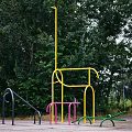 Colorful Outdoor Sports Equipment With Yellow Pink Green Fitness Gear Near Trees