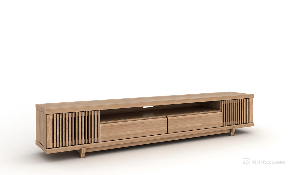Modern Minimalist Wooden TV Stand With Drawers Slatted Doors And Support Legs 3d model 