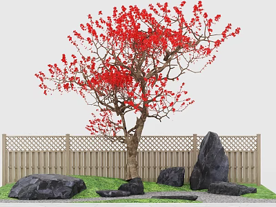 Serene Garden Landscape With Red Leaved Tree Black Stones Wooden Lattice Fence And Green Grass 3d model