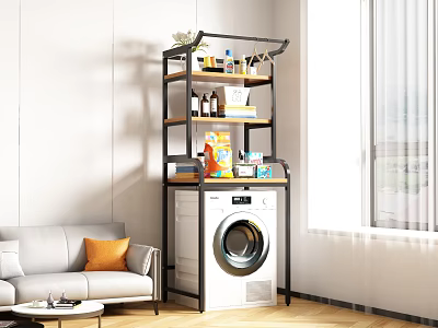Modern Storage Shelf Unit Over Washing Machine In Living Room With Sofa And Window 3d model