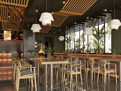 Restaurant Interior With Wooden Ceiling White Pendant Lights Large Windows Palm Tree View And Light Chairs 3d model