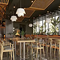 Restaurant Interior With Wooden Ceiling White Pendant Lights Large Windows Palm Tree View And Light Chairs