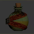 Ornate Potion Bottle With Cork Stopper Green Gold Sheen Red Straps And Metal Buckle
