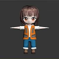 3D Cartoon Girl With Short Brown Hair Orange Safety Vest Blue Pants Arms Outstretched Gray Background