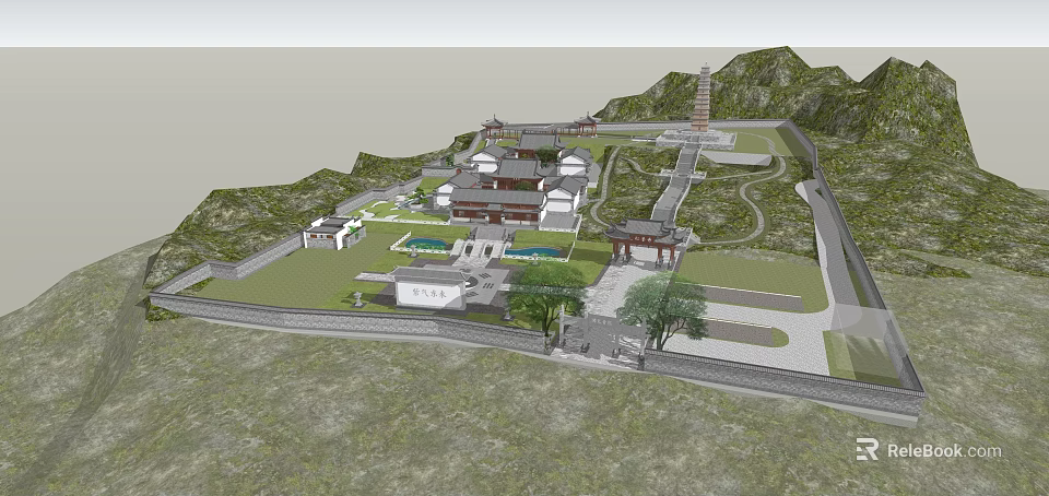 Ancient Architecture Complex With Courtyard Pagoda Stone Paths And Mountain Views 3d model