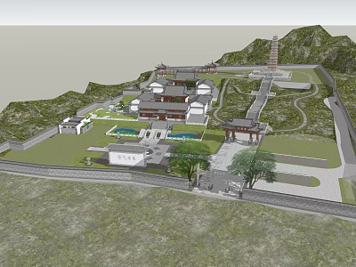 Ancient Architecture Complex With Courtyard Pagoda Stone Paths And Mountain Views 3d model