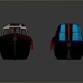 Two Red And Blue Narrowboats With Windows On Calm Water Surface