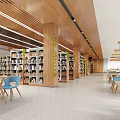 Modern Library Interior With Wooden Structures And Bookshelves 3d model