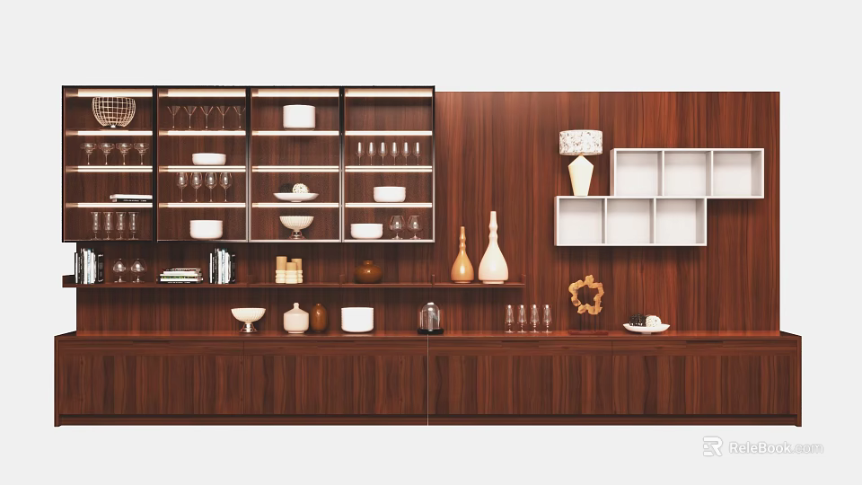 Modern Wooden Wine Cabinet Interior Design With Glass Doors Wine Glasses And Decor Items 3d model 
