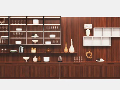 Modern Wooden Wine Cabinet Interior Design With Glass Doors Wine Glasses And Decor Items 3d model