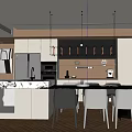 Modern Restaurant Kitchen Interior With Marble Island Hanging Lights Wooden Floor And Chairs