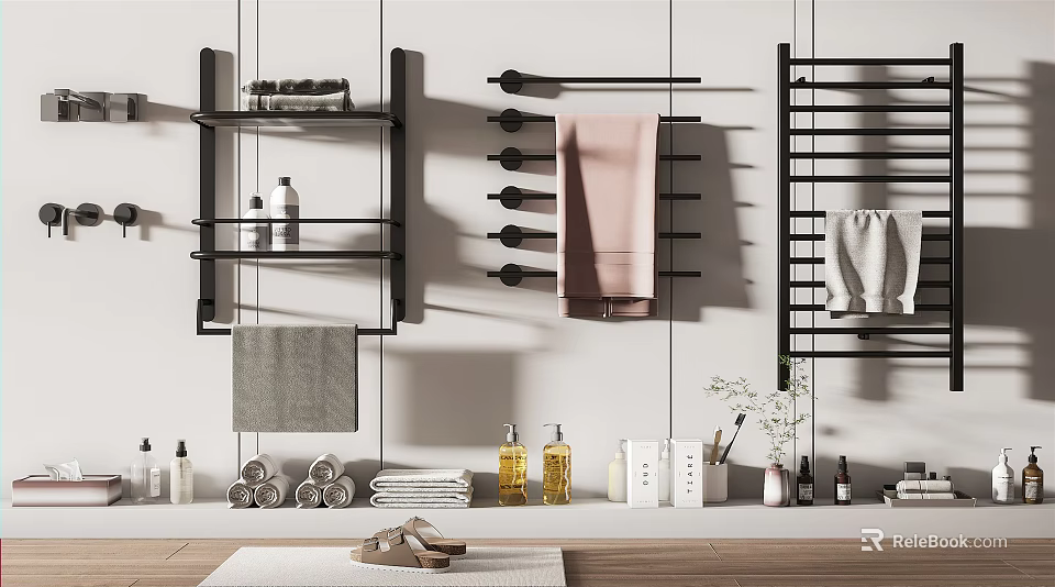 Modern Bathroom Accessories With Wall Shelves Towel Racks Towels And Toiletries Bottles 3d model 