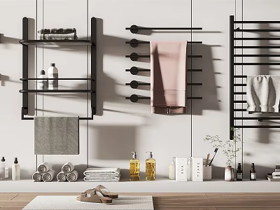 Modern Bathroom Accessories With Wall Shelves Towel Racks Towels And Toiletries Bottles 3d model