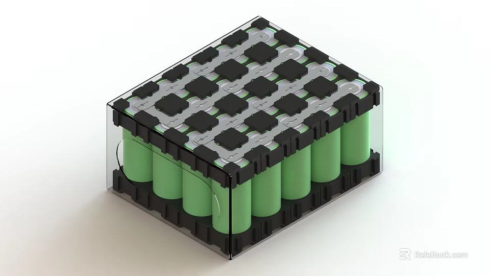 Green Cylindrical Battery Pack With Black Frame And Transparent Casing Structure 3d model 