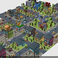 Colorful Cartoon Town Buildings In Various Styles With Streets Cars And Trees