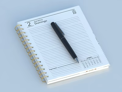 Open Spiral Bound Notebook With Pen On Lined Paper And Date Section 3d model