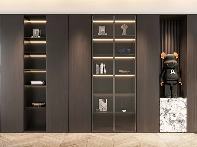 Modern Dark Wood Bookcase with Glass Door Display Shelves and Marble Pedestal Bear Figurine 3d model