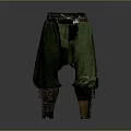 Traditional Green Pants Featuring Brown Belt Leather Boot Covers And Stitching Details