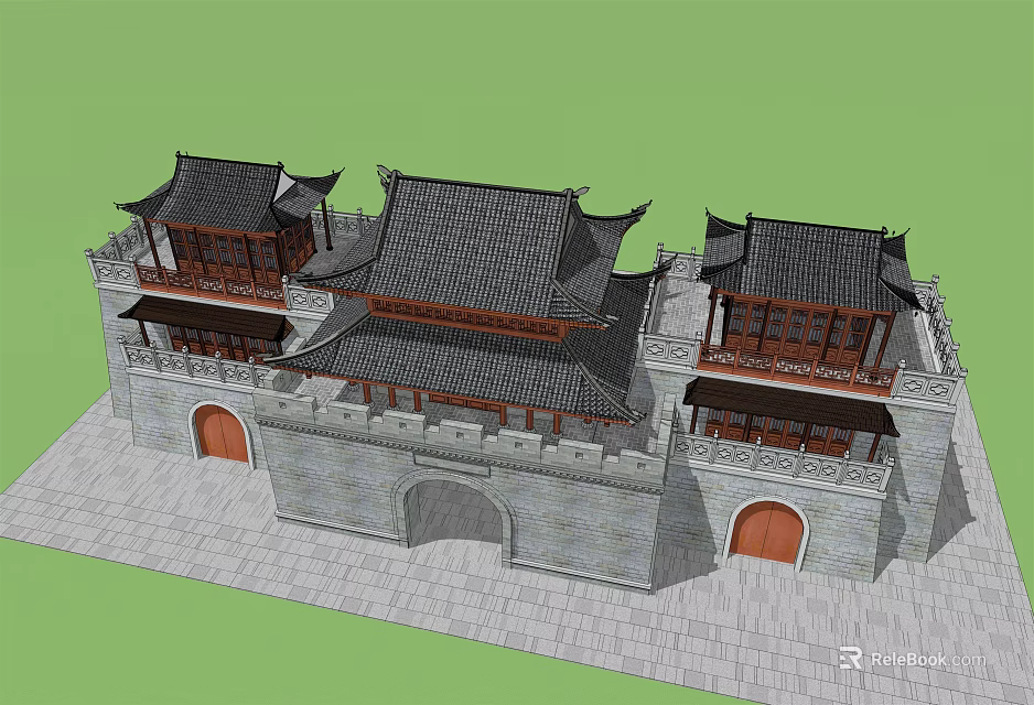 Ancient Chinese Architecture With City Wall Overhanging Eaves And Arched Gates 3d model 