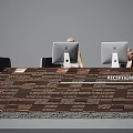 Stylish Reception Desk With Wooden And Stone Design Green Plant Decorative Bottles Computers And Staff