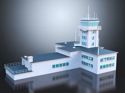 Modern Airport Control Tower With White Exterior Multiple Windows And Antenna On Top 3d model