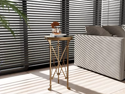Gold Metal Side Table With Decorative Vase Near Sofa By Window Blinds 3d model