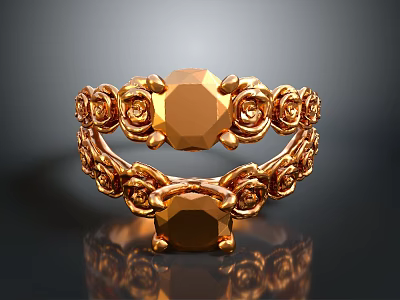 Elegant Ornate Golden Fashion Ring with Rose Carvings and Two Gemstones 3d model