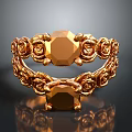 Elegant Ornate Golden Fashion Ring with Rose Carvings and Two Gemstones