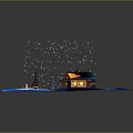 Cartoon Winter Scene With Log Cabin Snow Covered Roof Pine Trees Snowman Pathway Falling Snowflakes