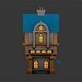 Cartoon Style Two Story House Building With Blue Roof Lit Arched Windows And Chimney